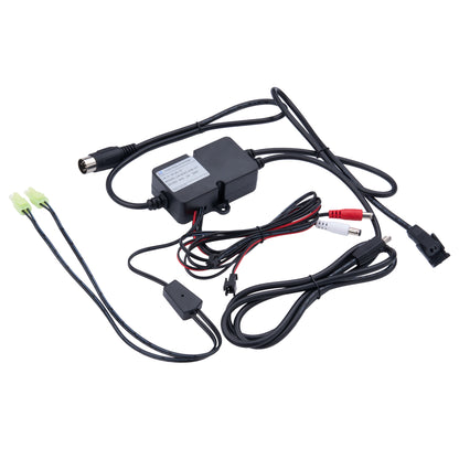 Black electronic adapter cable assembly with multiple connectors, including a two-pin green connector, a coaxial cable, red and white audio-style connectors, and a power supply box, shown on a white background.