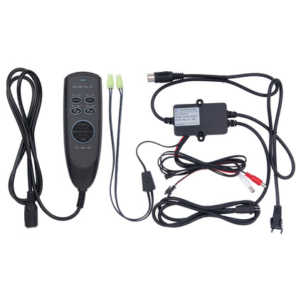 Black electronic remote control kit with a handheld remote, power adapter, and wiring harnesses on a white background.