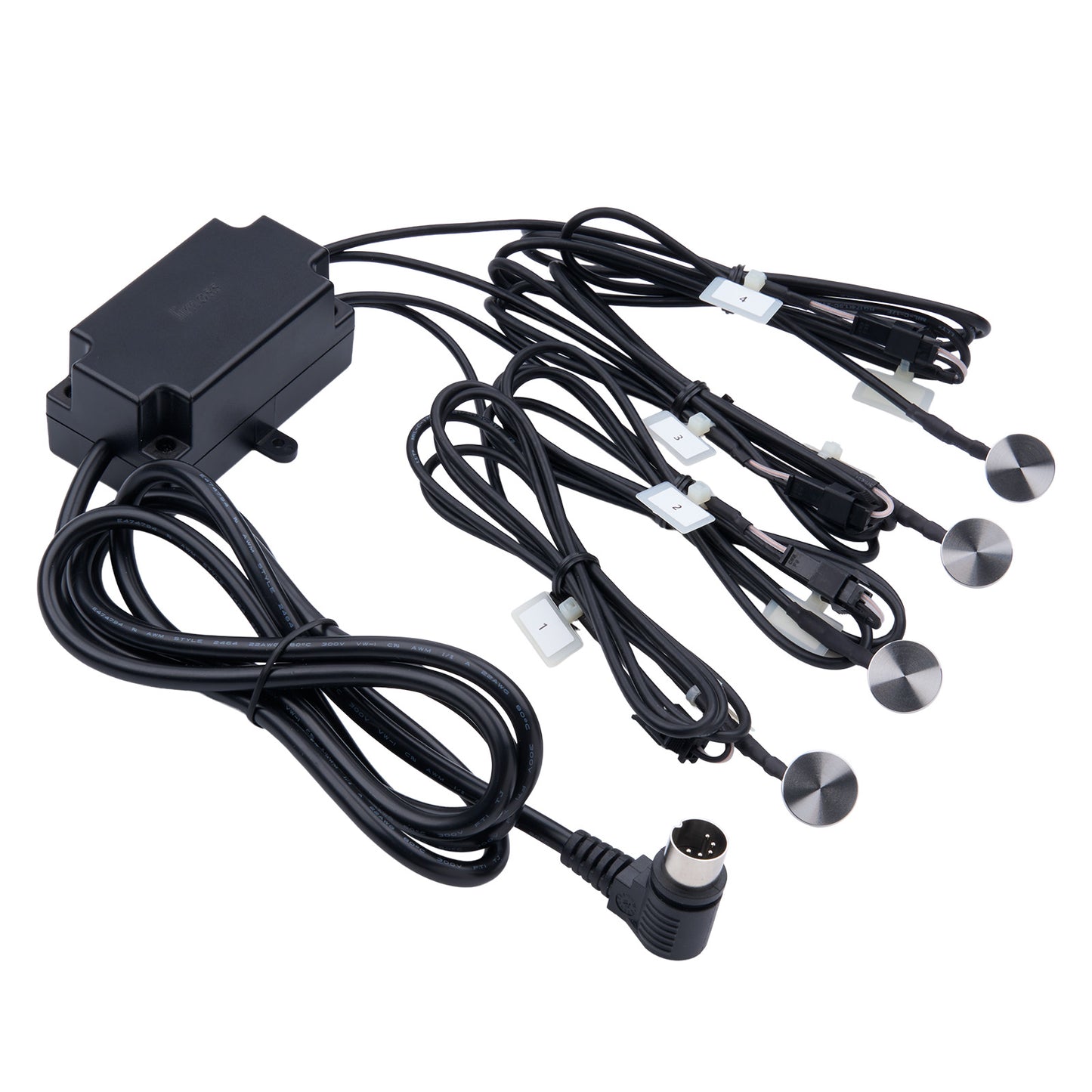 Black electronic component with multiple cables on a white background