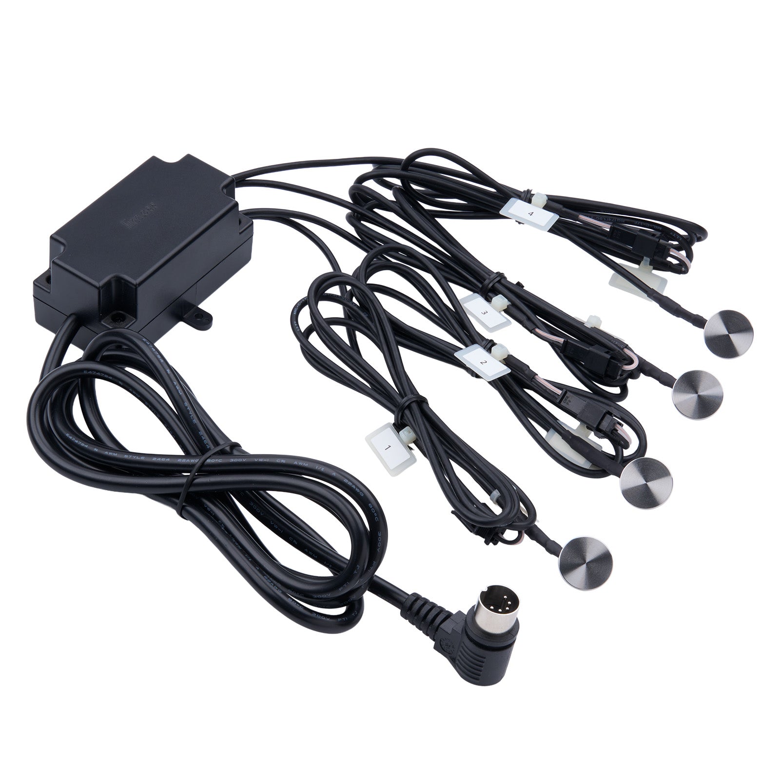 Black electronic component with multiple cables on a white background