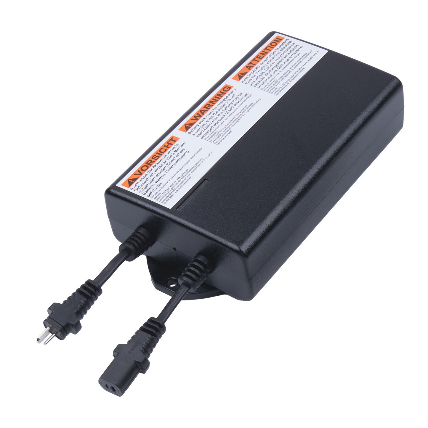 Black power adapter with two cables on a white background