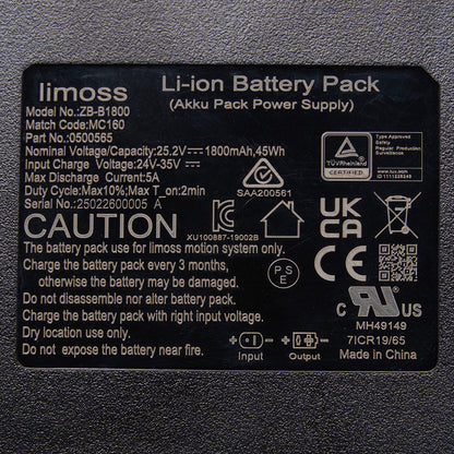 Back label of a limoss Li-ion battery pack on a gray background