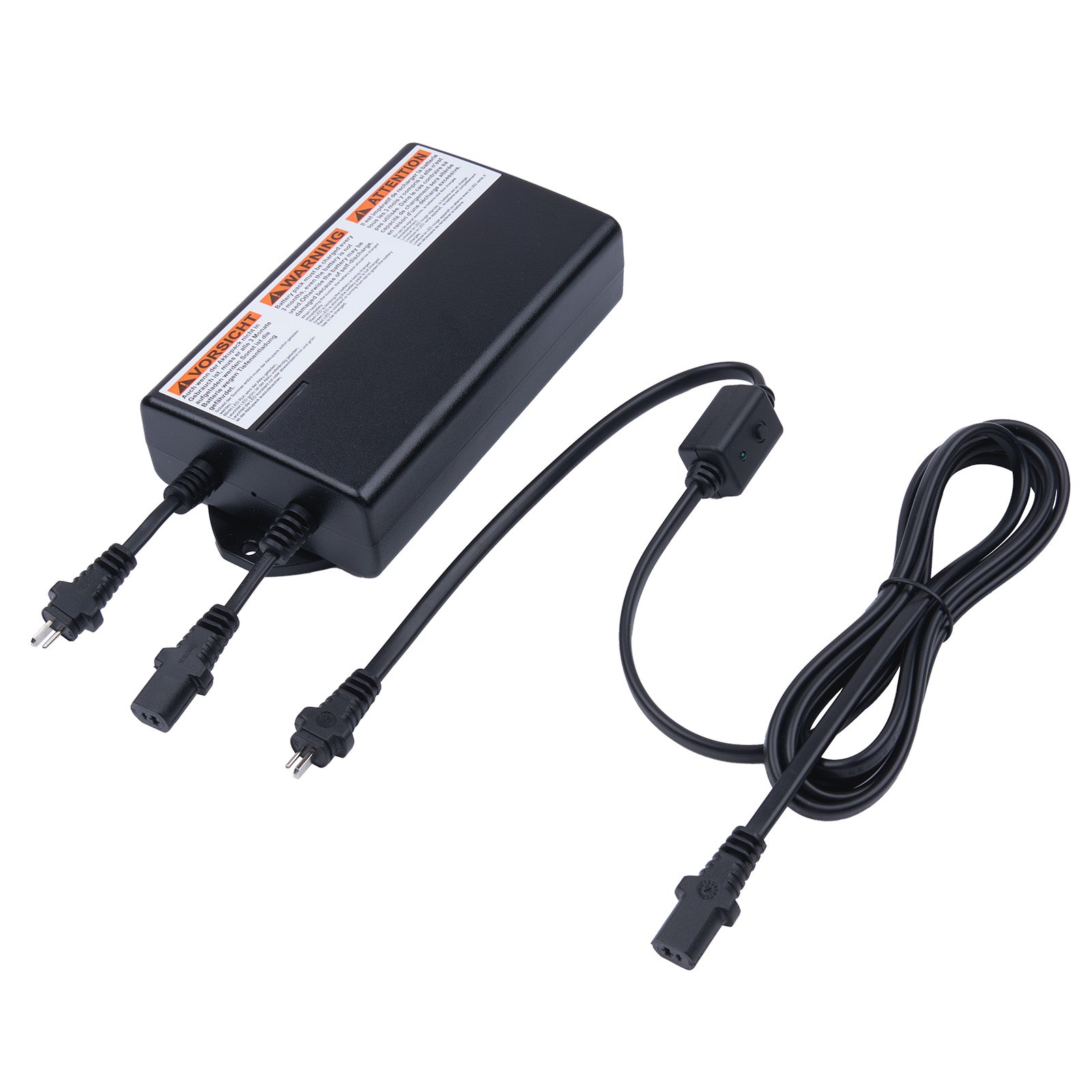 Black power adapter with multiple cables on a white background