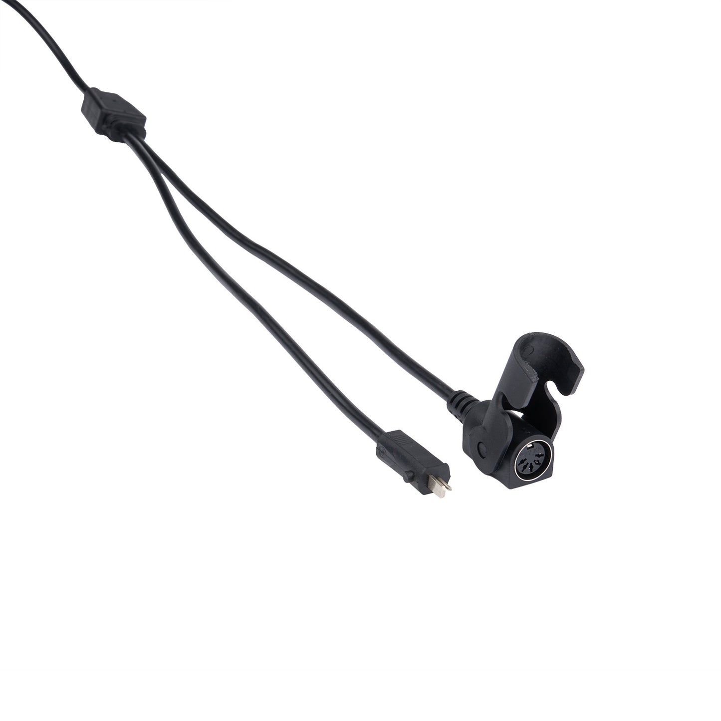 Black cable with a plug on a white background