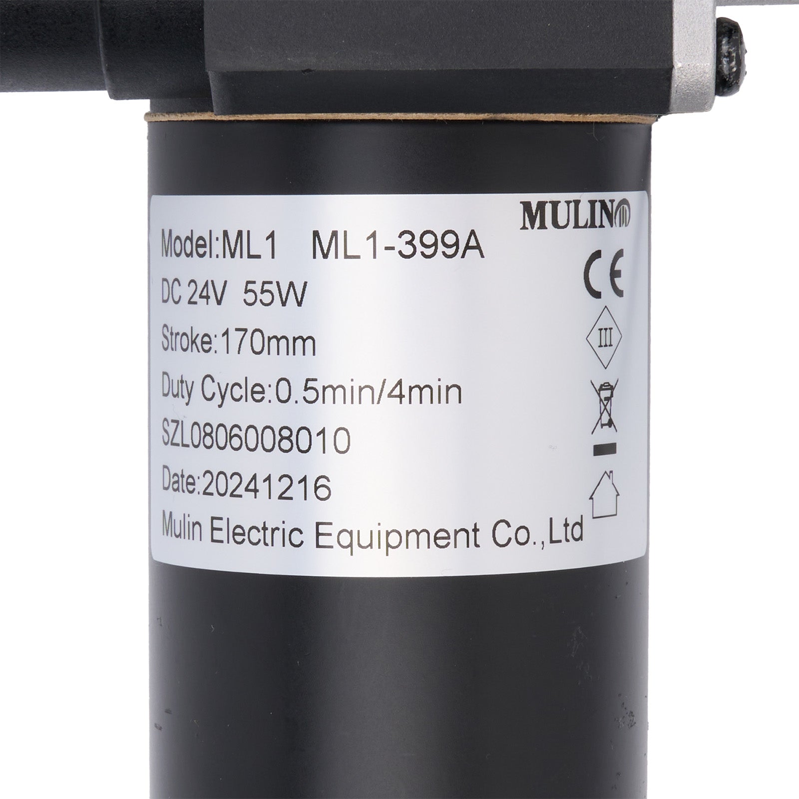 Black cylindrical component with technical specifications label on a white background
