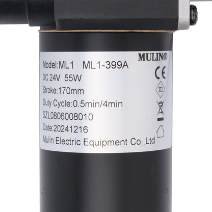 Black cylindrical component with technical specifications label on a white background