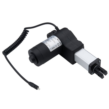 Black electric linear actuator with cable on a white background