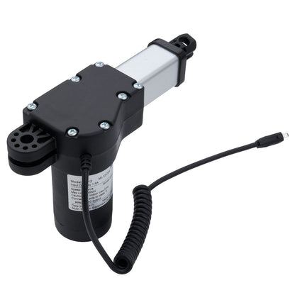 Black and white electric linear actuator on a white background