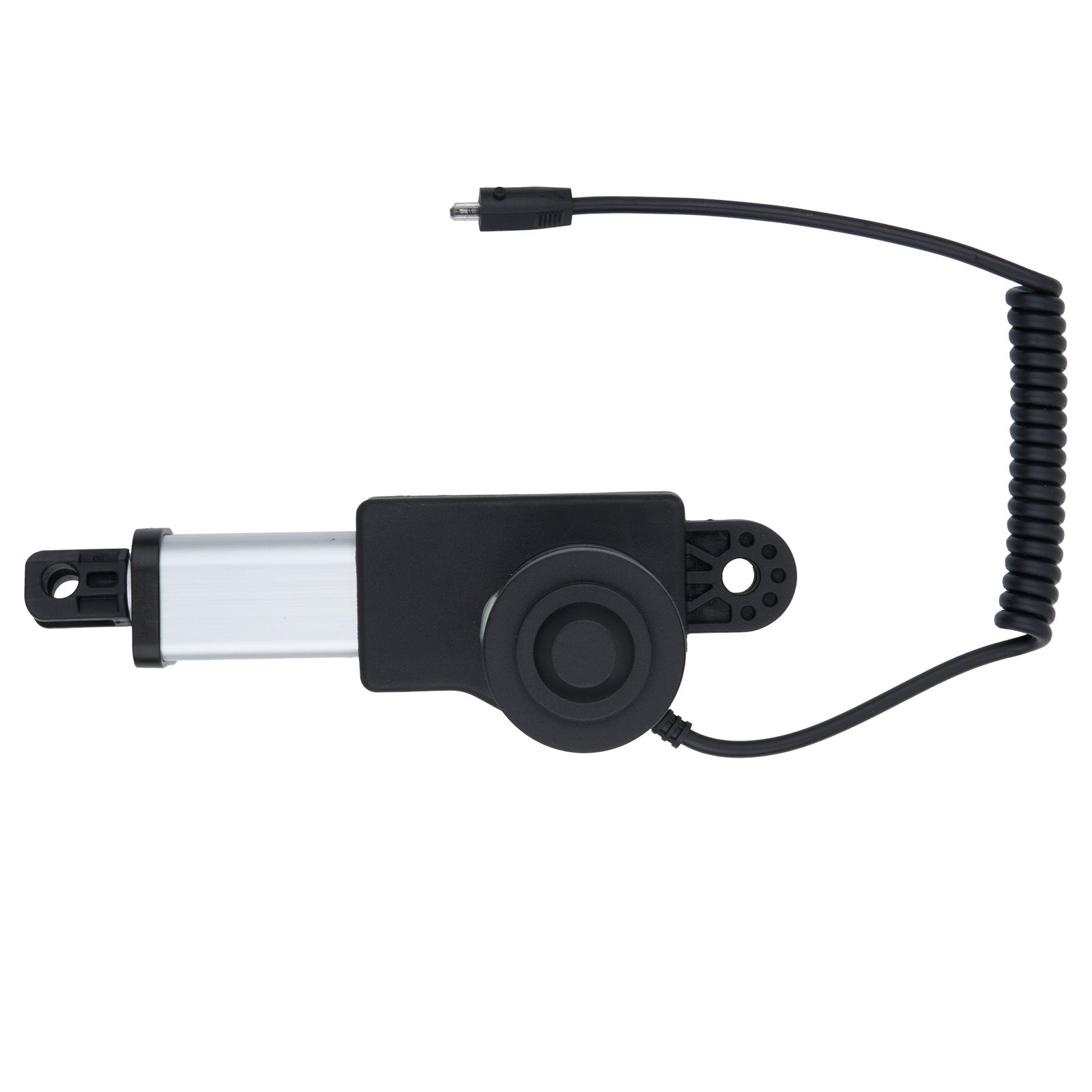 Black electronic component with coiled cable on a white background
