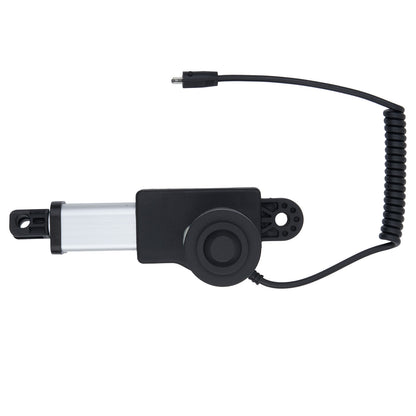 Black electronic component with coiled cable on a white background