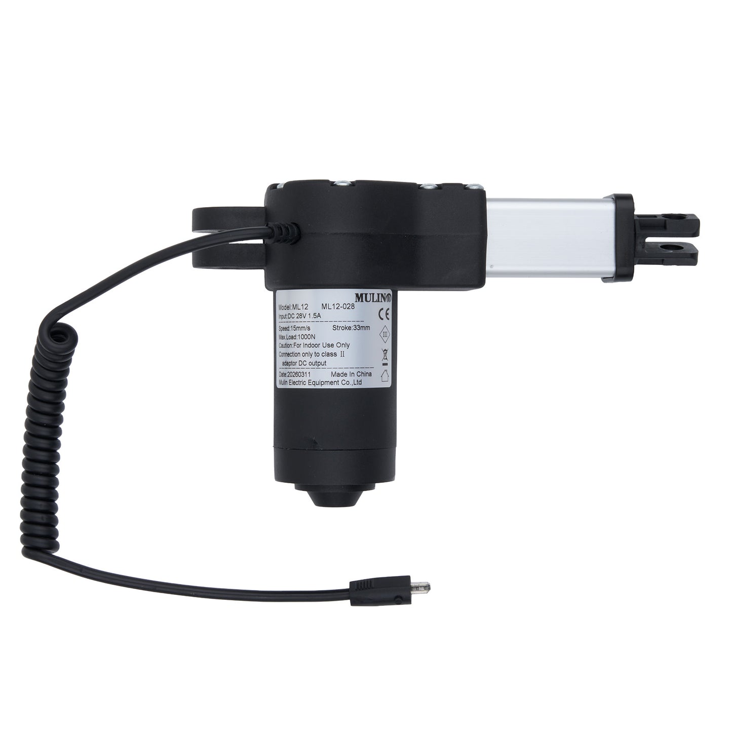 Black and white electronic component with coiled cable on a white background