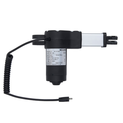 Black and white electronic component with coiled cable on a white background