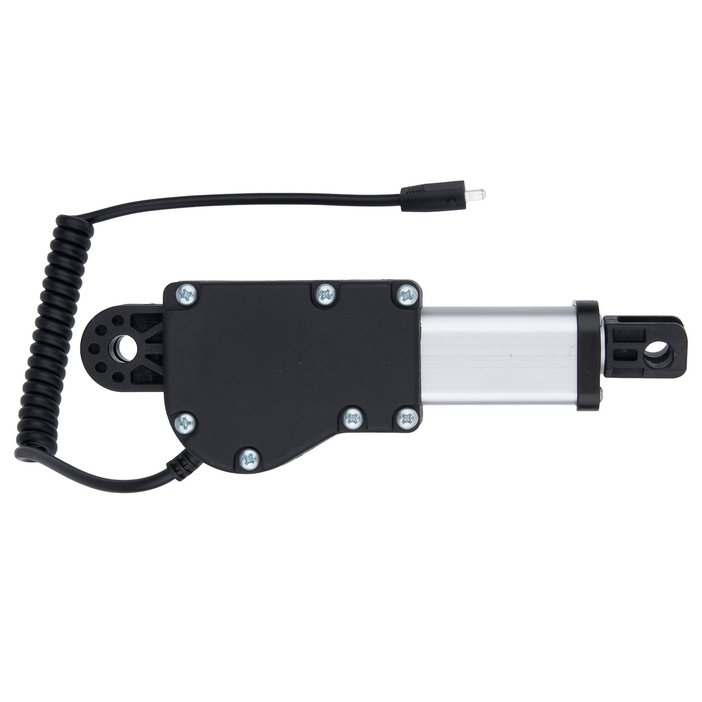 Mechanical device with black housing and coiled cable on a white background