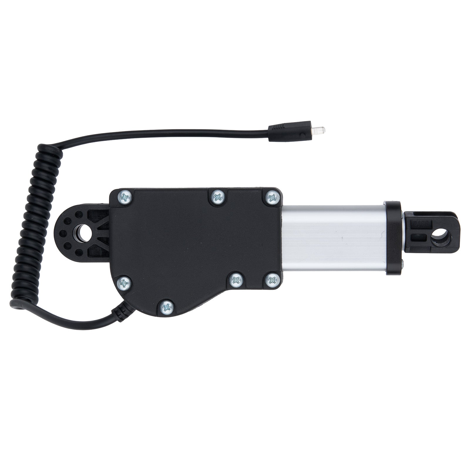 Mechanical device with black housing and coiled cable on a white background