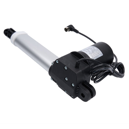 Electric linear actuator with black casing and visible wiring on a white background