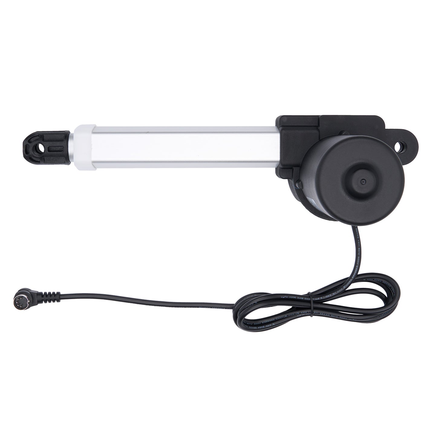Black electronic component with a cable on a white background