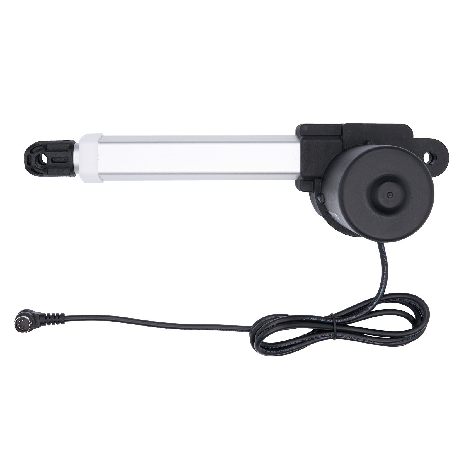 Black electronic component with a cable on a white background