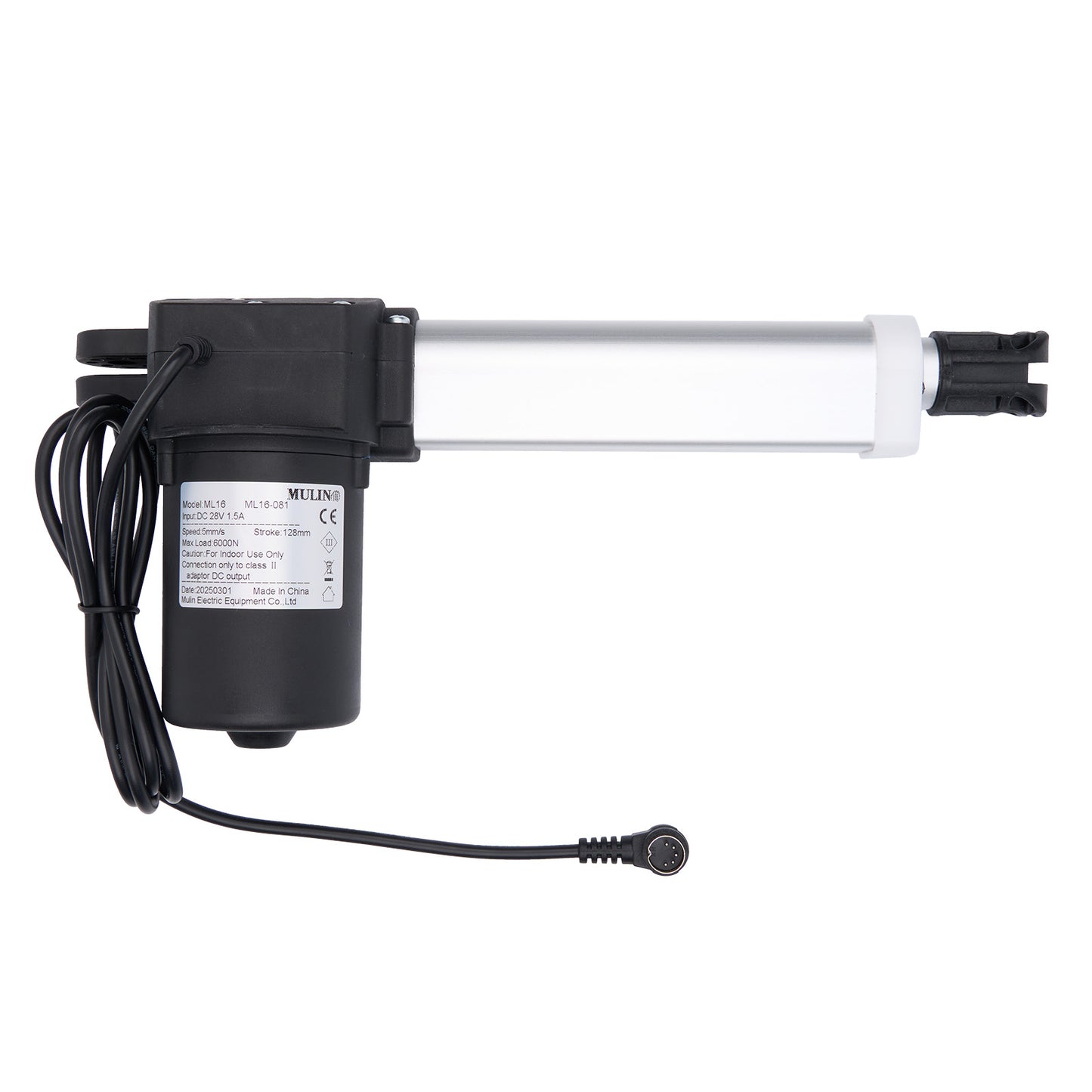 Electric linear actuator with black housing and visible branding on a white background