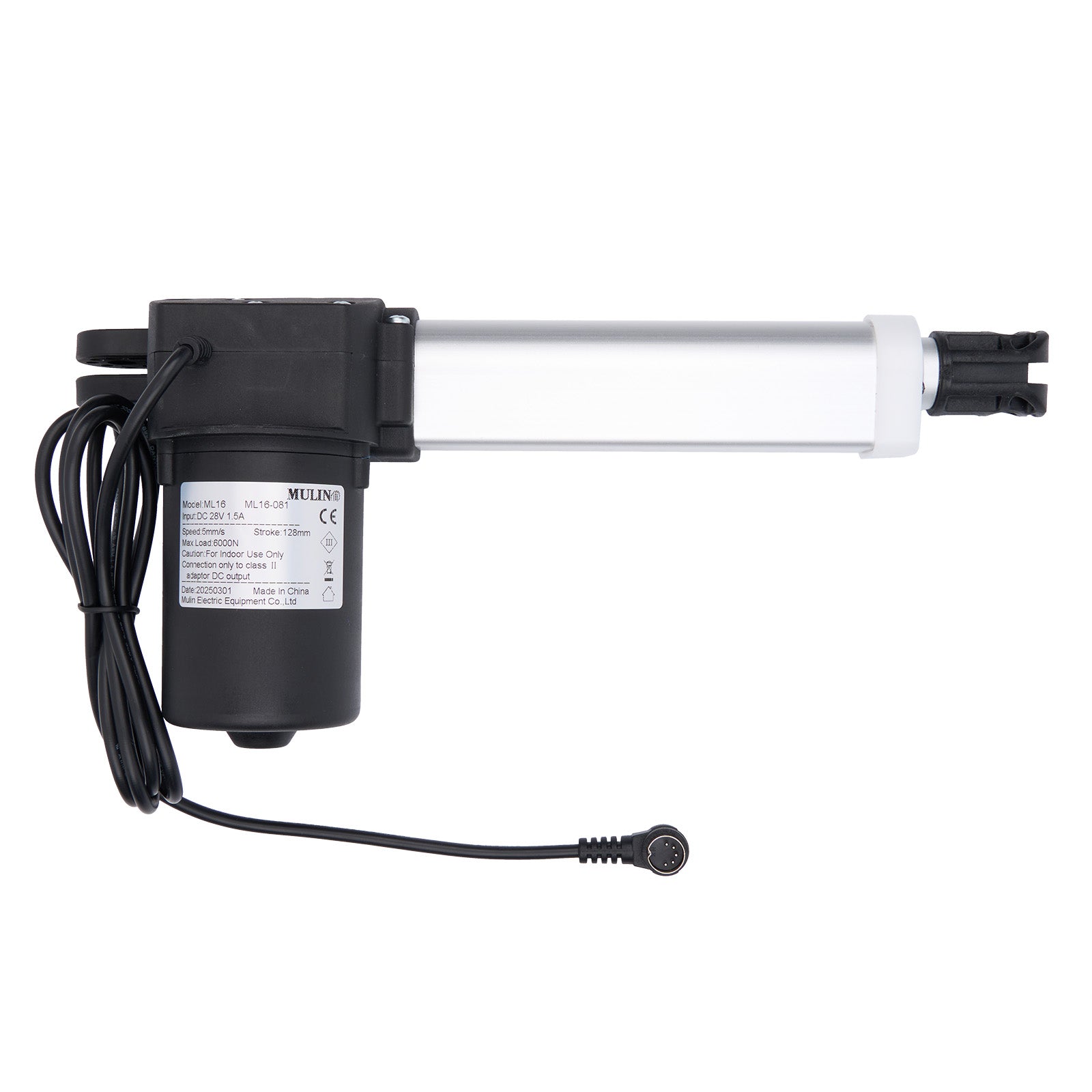 Electric linear actuator with black housing and visible branding on a white background
