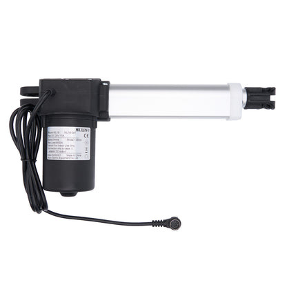 Electric linear actuator with black housing and visible branding on a white background