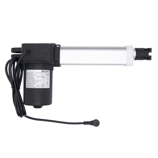 Electric linear actuator with black housing and visible branding on a white background