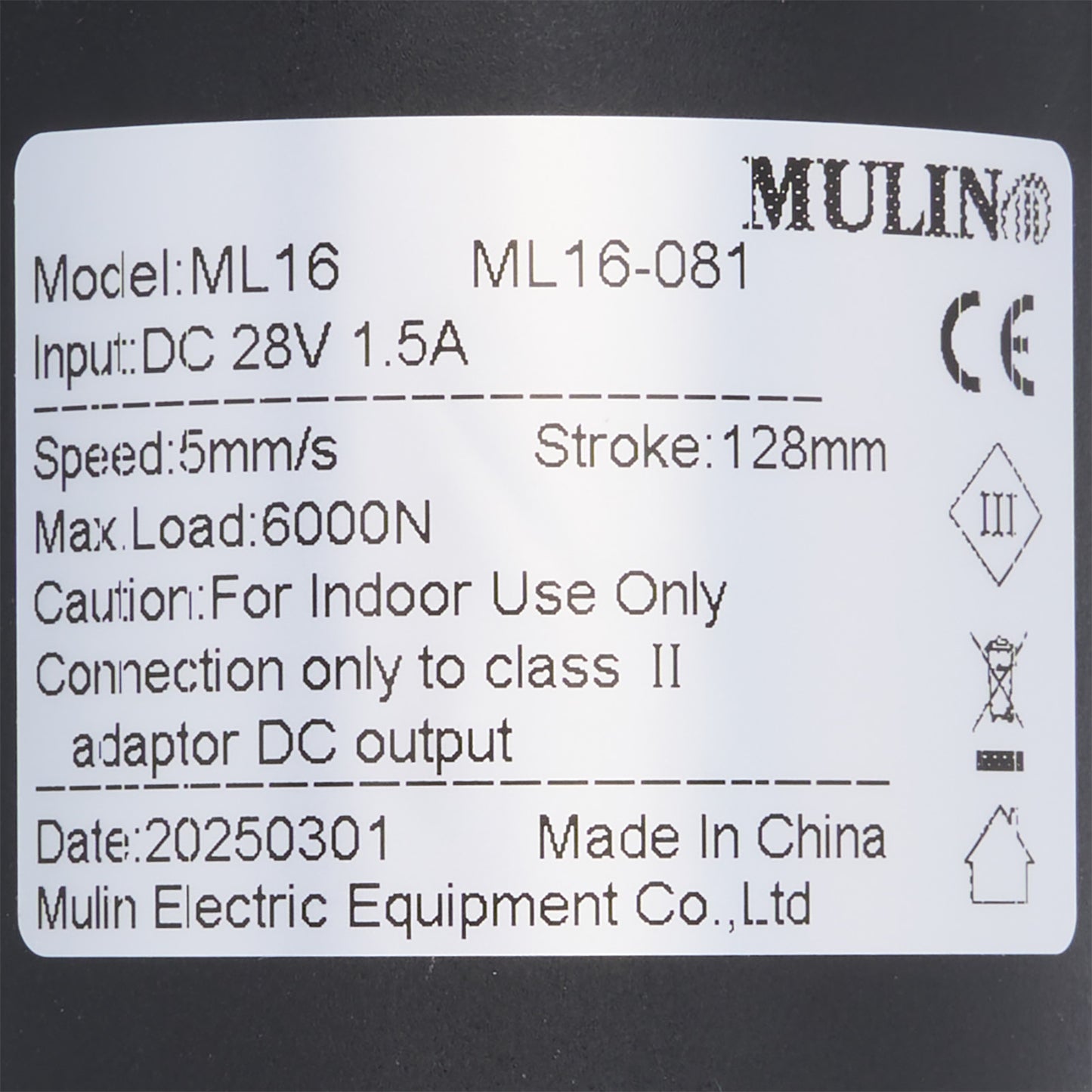 Label with technical specifications and branding on a black background