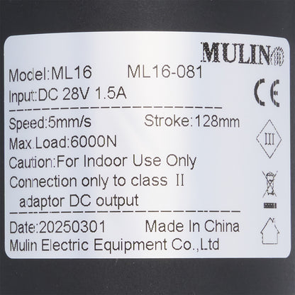 Label with technical specifications and branding on a black background