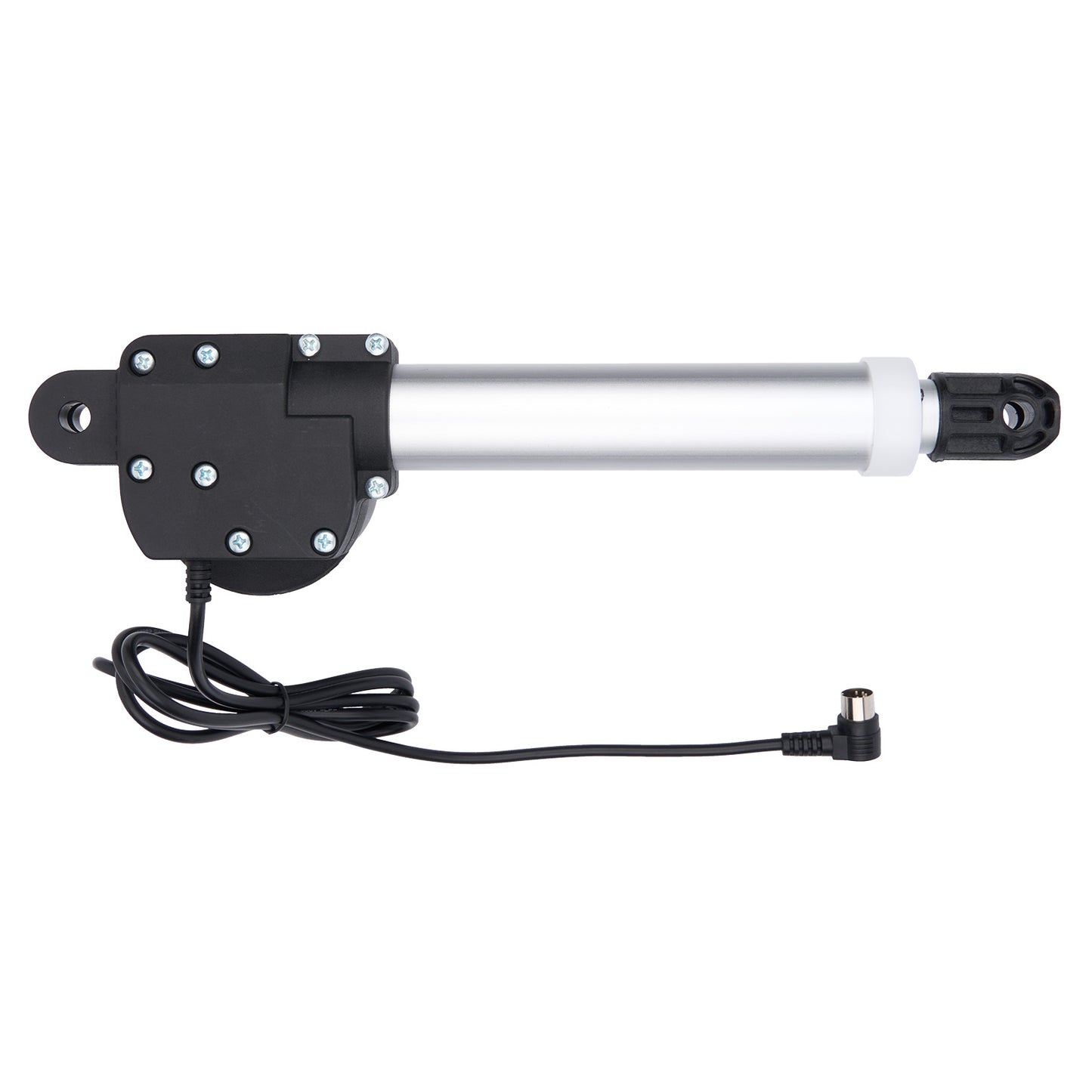 Mechanical actuator with black housing and silver cylindrical component on a white background
