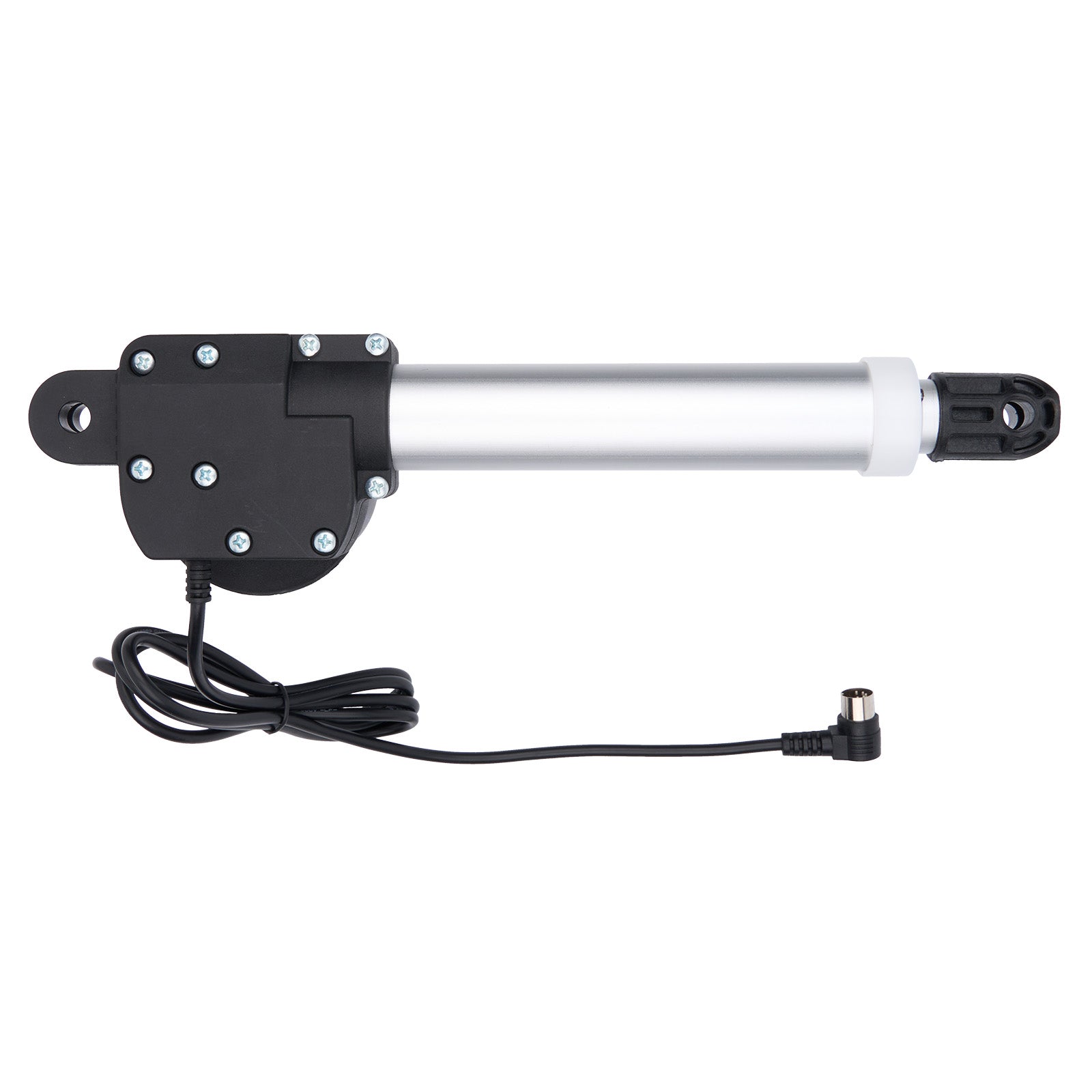 Mechanical actuator with black housing and silver cylindrical component on a white background