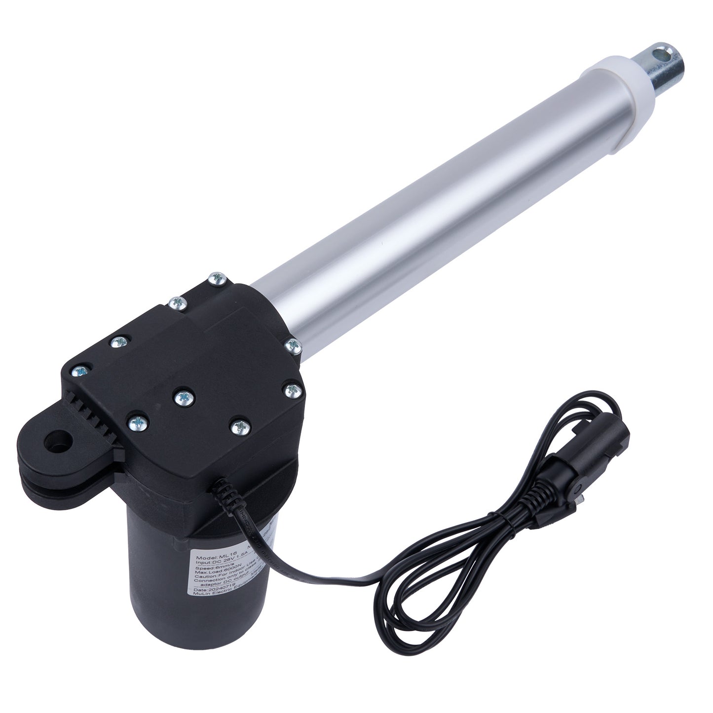 Linear actuator with a black housing and silver rod on a white background