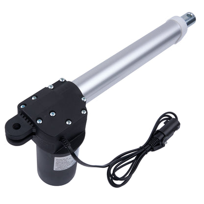 Linear actuator with a black housing and silver rod on a white background