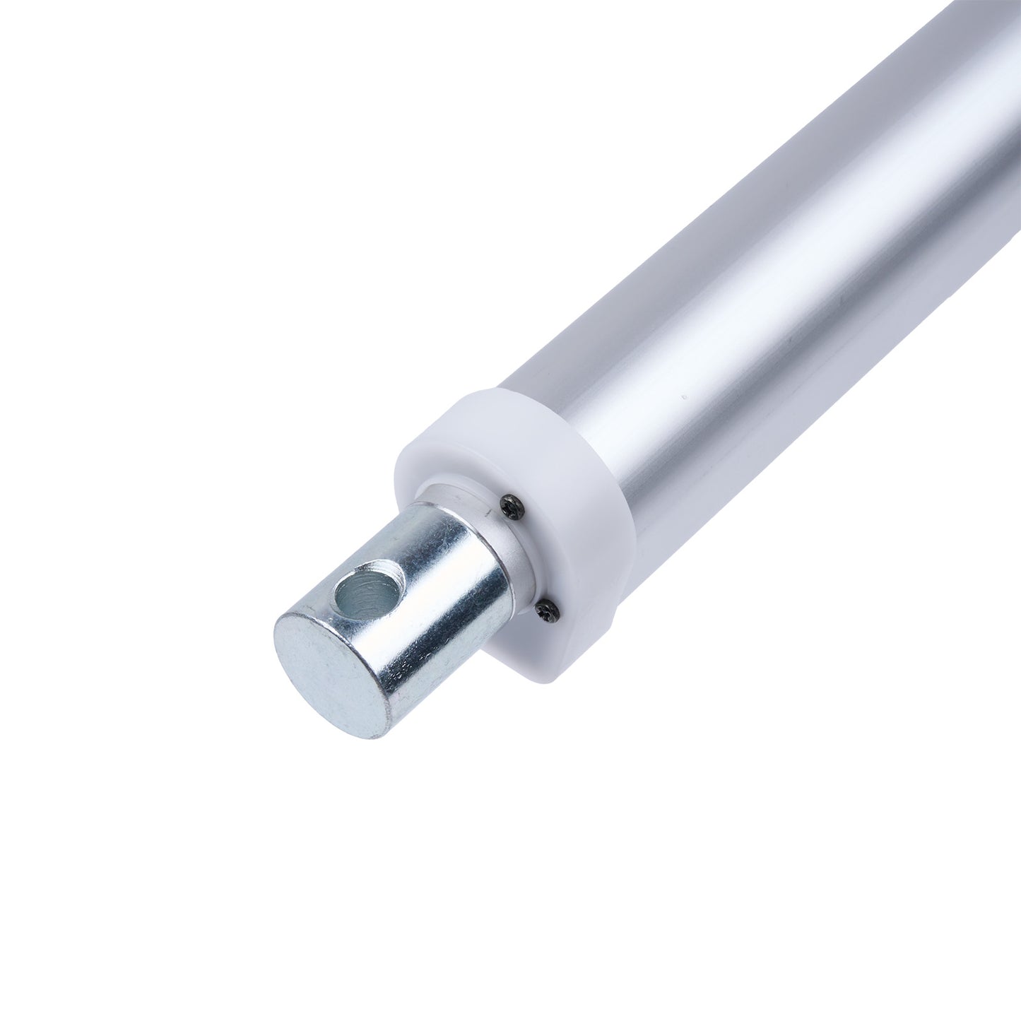 Tubular component with metallic and white finish on a white background