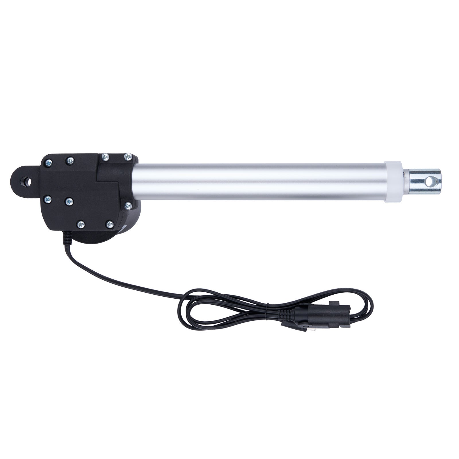 Linear actuator with black housing and cable on a white background