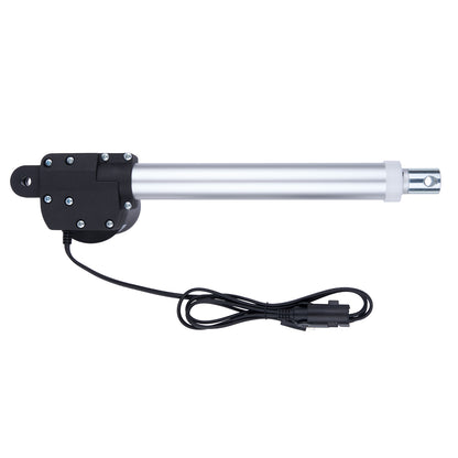 Linear actuator with black housing and cable on a white background