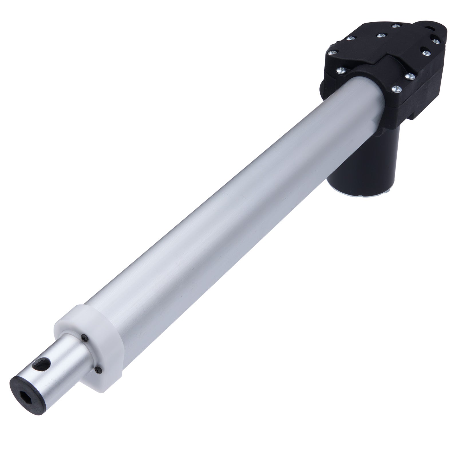 Mechanical component with a white cylindrical shaft and black housing on a white background