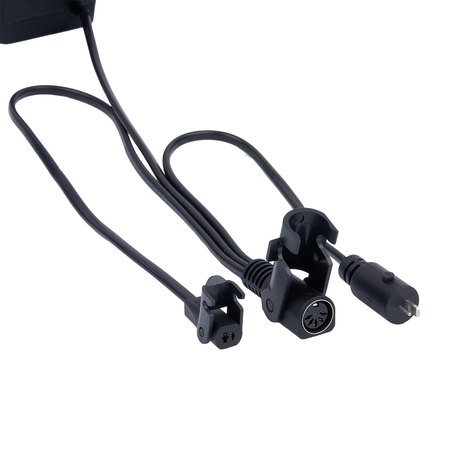 Black electrical cable with connectors on a white background