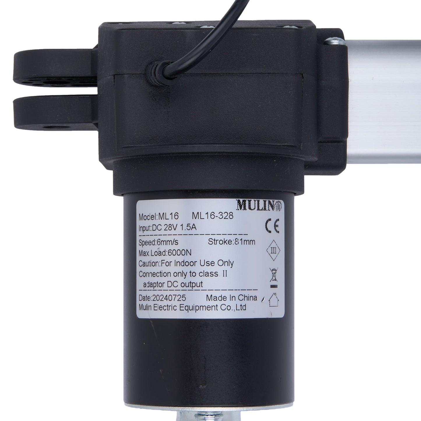 Black electric actuator with label on a white background