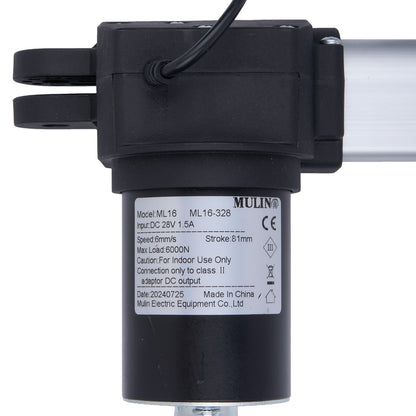 Black electric actuator with label on a white background