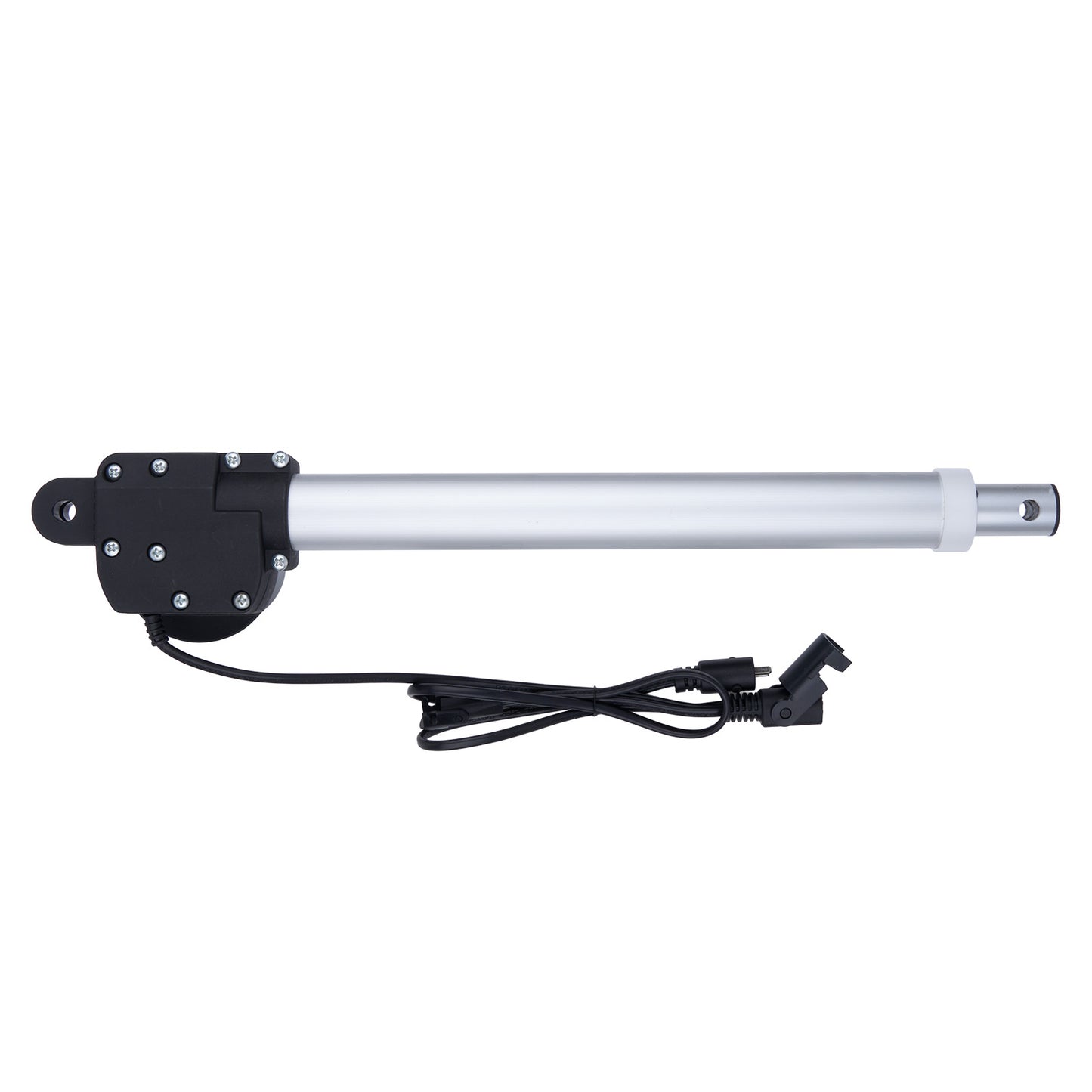 Linear actuator with black housing and power cable on a white background
