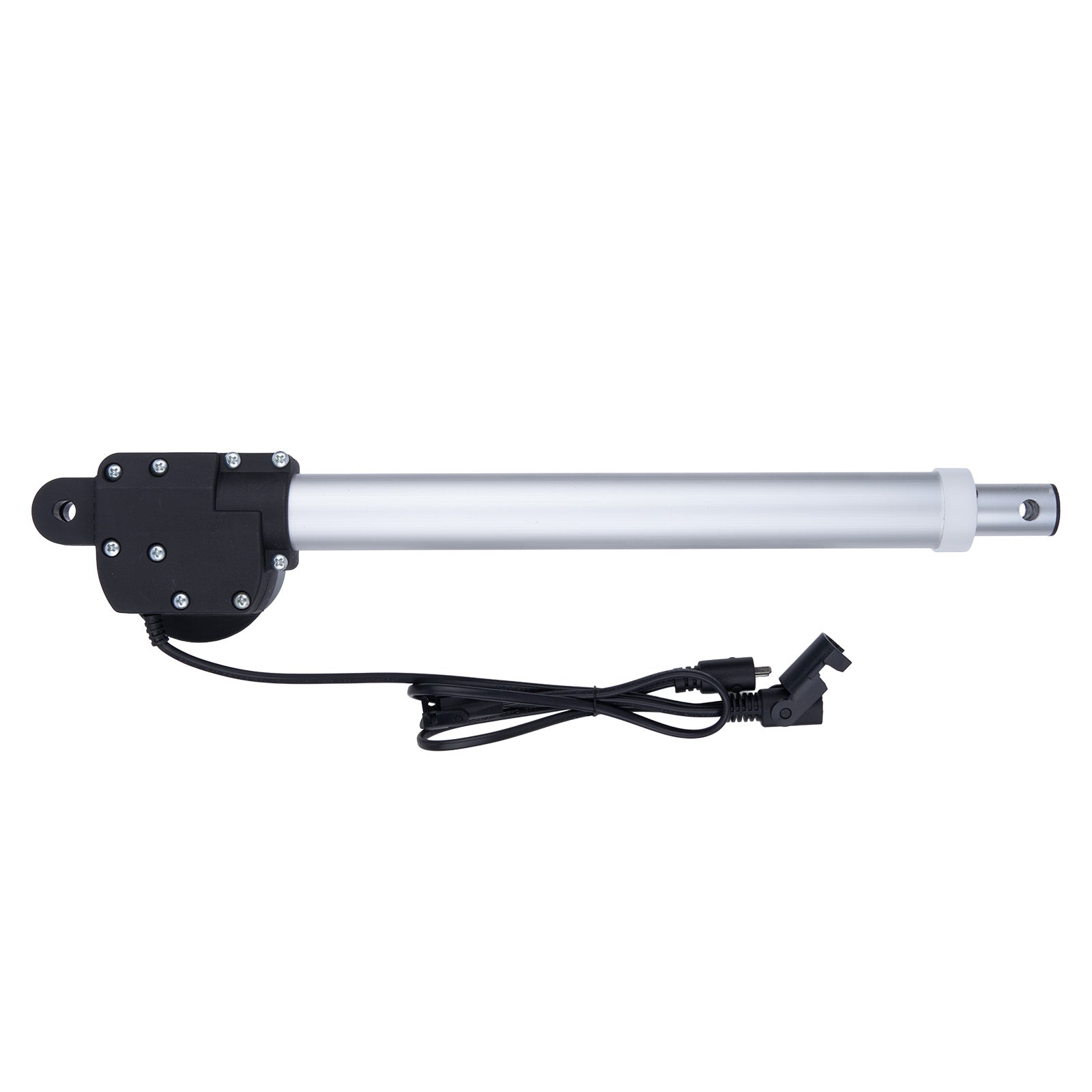 Linear actuator with black housing and power cable on a white background