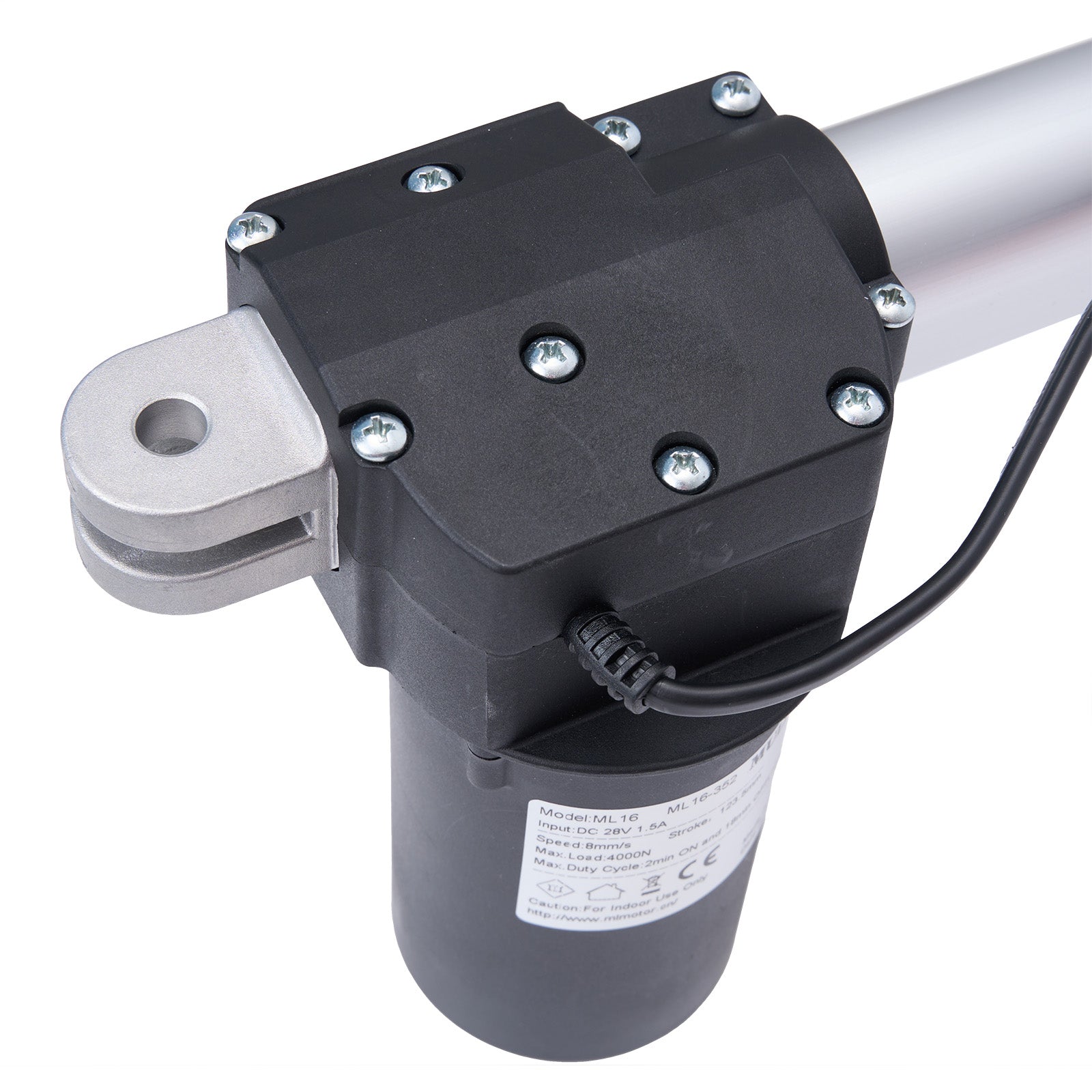 Black linear actuator with visible branding on a white background