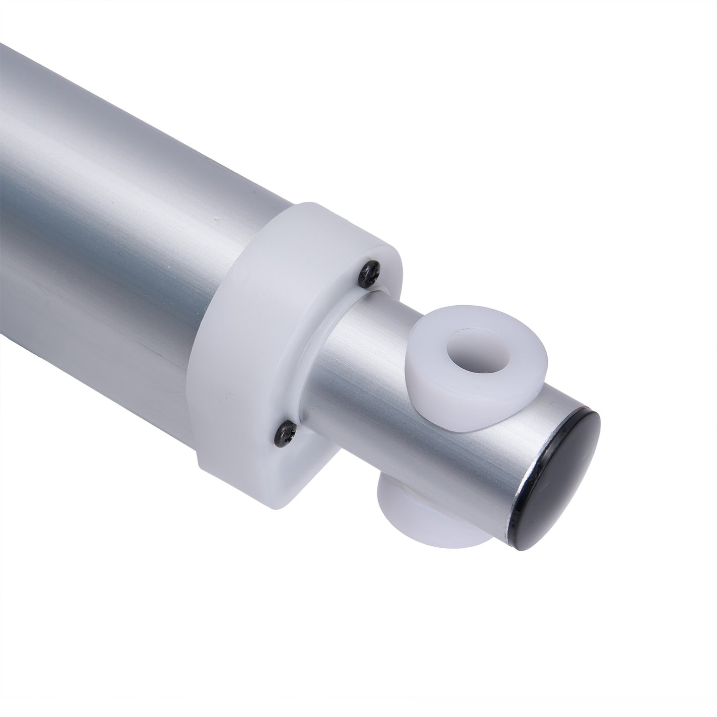 Metallic cylindrical object with a white sleeve on a white background