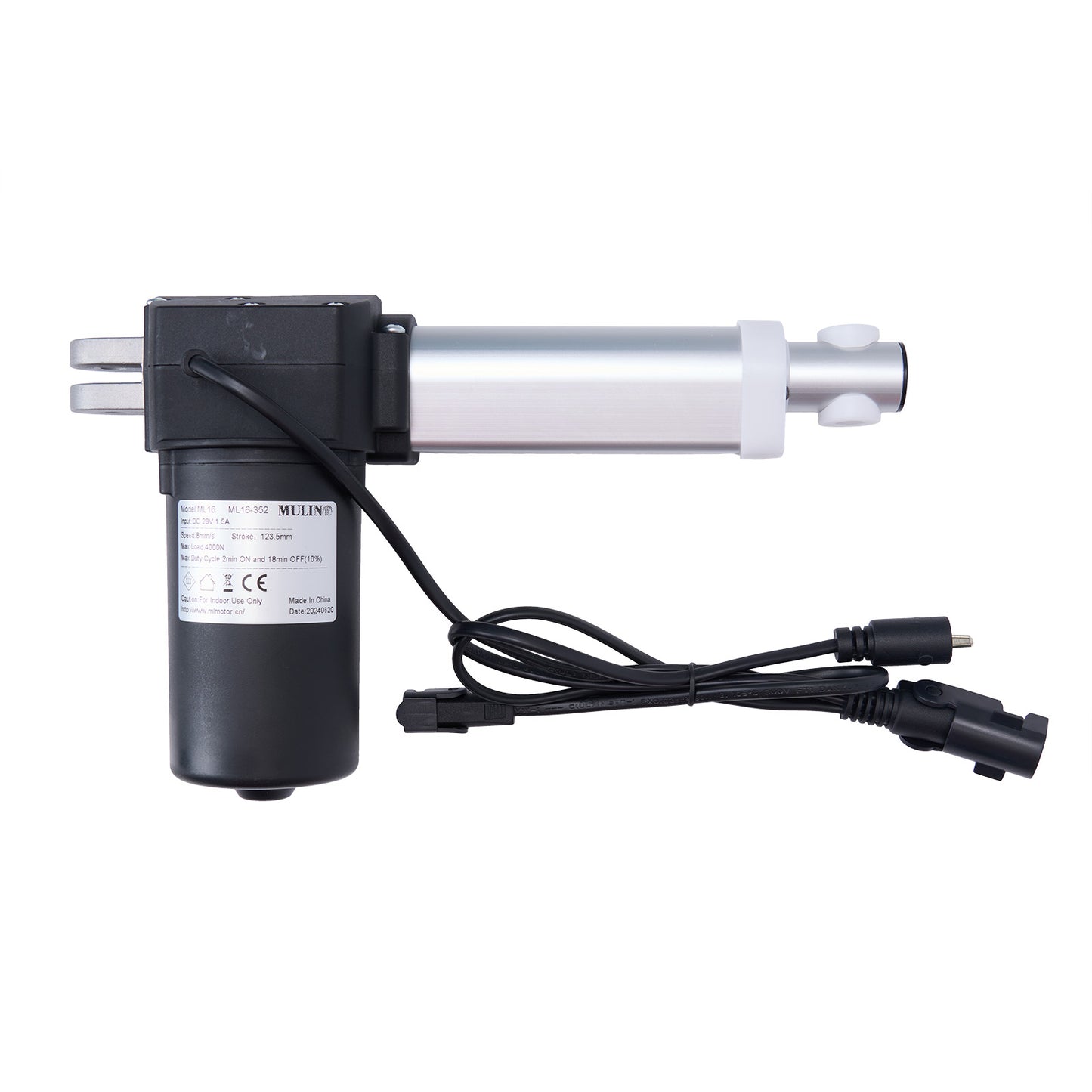 A MULIN ML16-352 linear actuator, predominantly black in color, with a silver shaft and attached cables and plugs.