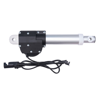 Linear actuator with black housing and silver cylindrical component on a white background