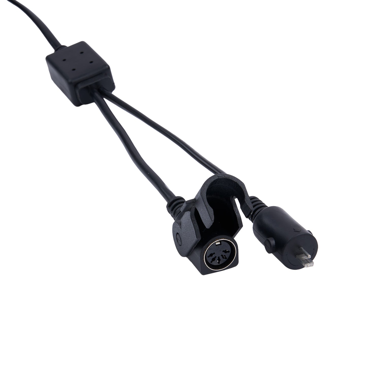 Black electrical cable with connectors on a white background