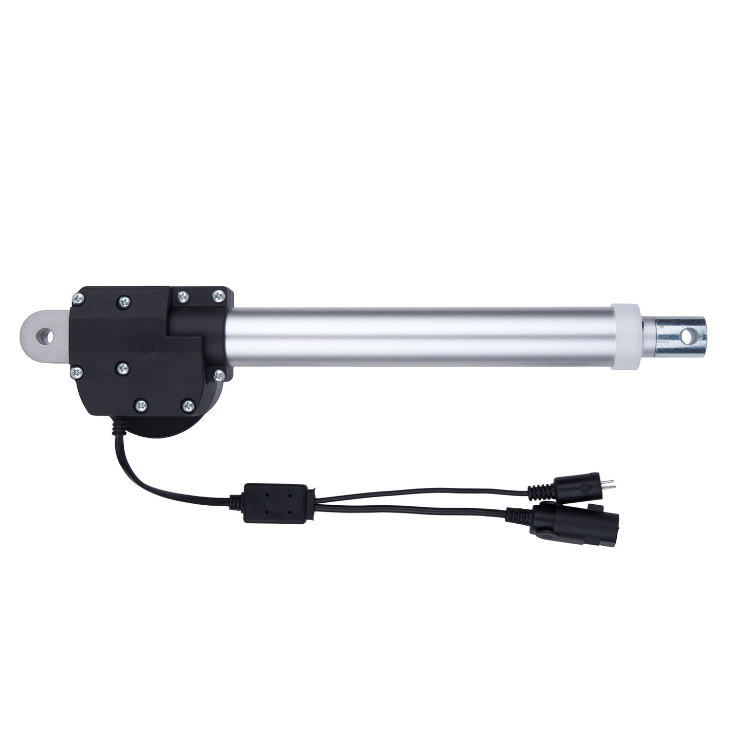Linear actuator with a black housing and visible wiring on a white background
