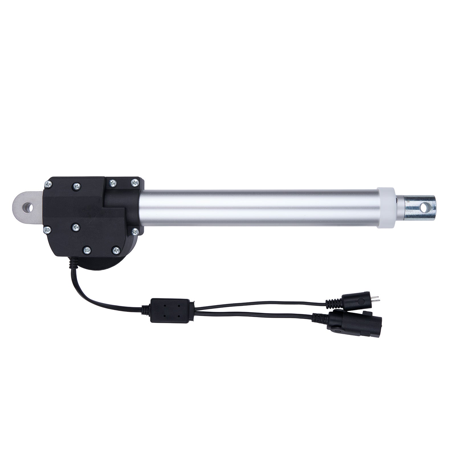 Linear actuator with a black housing and visible wiring on a white background