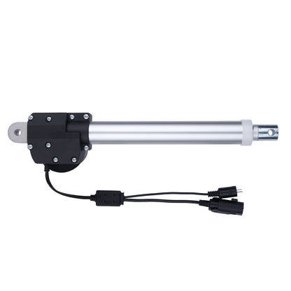 Linear actuator with a black housing and visible wiring on a white background