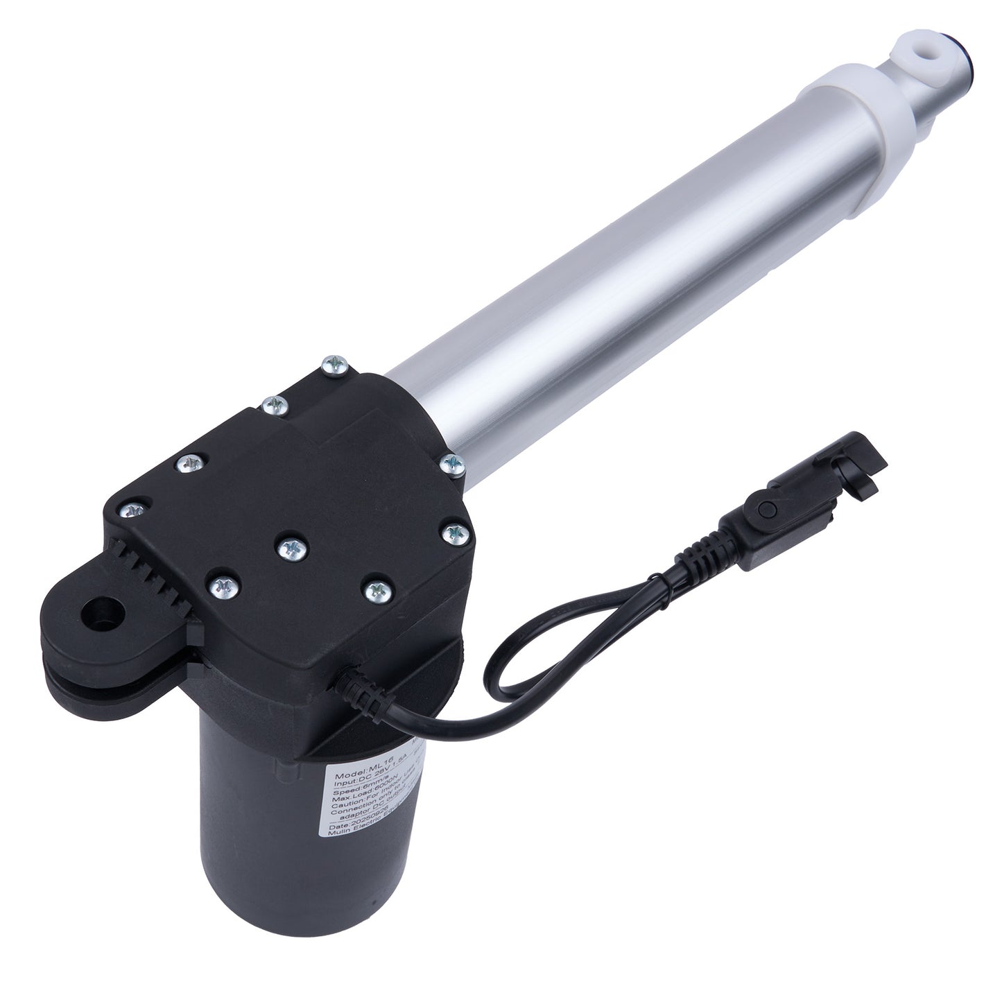 Electric actuator with a black base and silver cylindrical rod on a white background