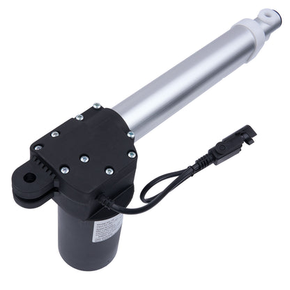 Electric actuator with a black base and silver cylindrical rod on a white background